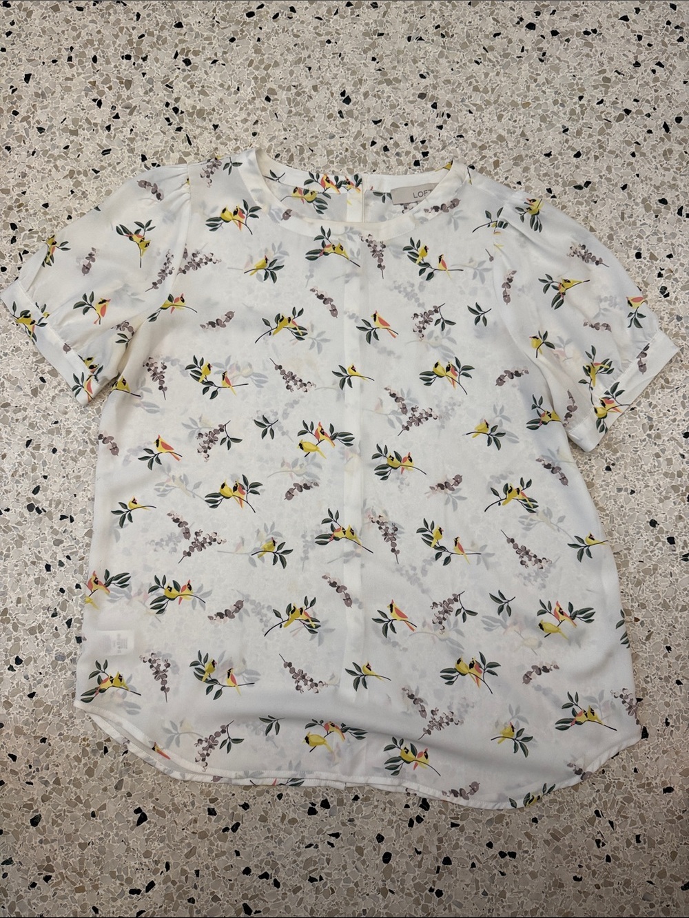 LOFT White Floral Short-Sleeve Blouse with Yellow Accents